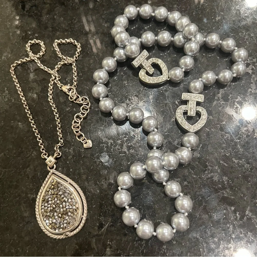 Vtg Brighton pendant necklace, grey pearl & rhinestone necklace & bracelet set